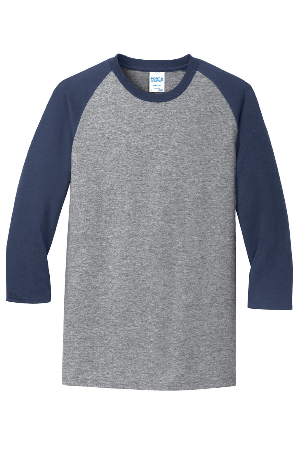 Port & Company PC55RS Mens Core Moisture Wicking 3/4 Sleeve Crewneck T-Shirt Heather Grey/Navy Blue Flat Front