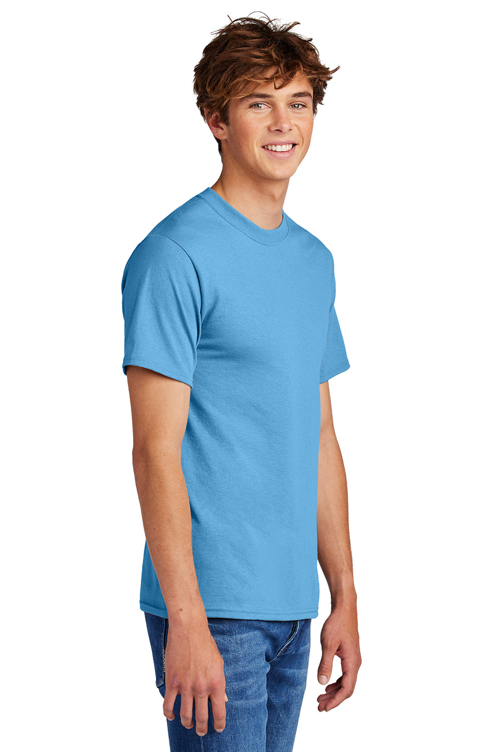 Port & Company PC55/PC55T Mens Core Short Sleeve Crewneck T-Shirt Aquatic Blue Model Side