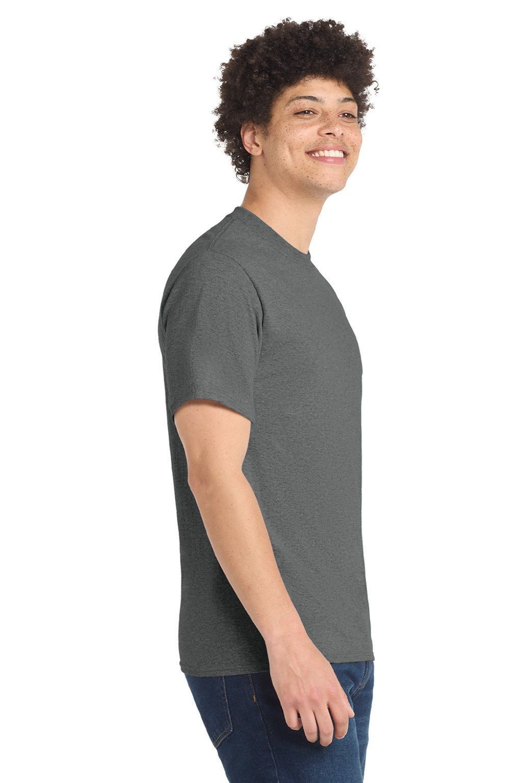 Port & Company PC55/PC55T Mens Core Short Sleeve Crewneck T-Shirt Heather Graphite Grey Model Side