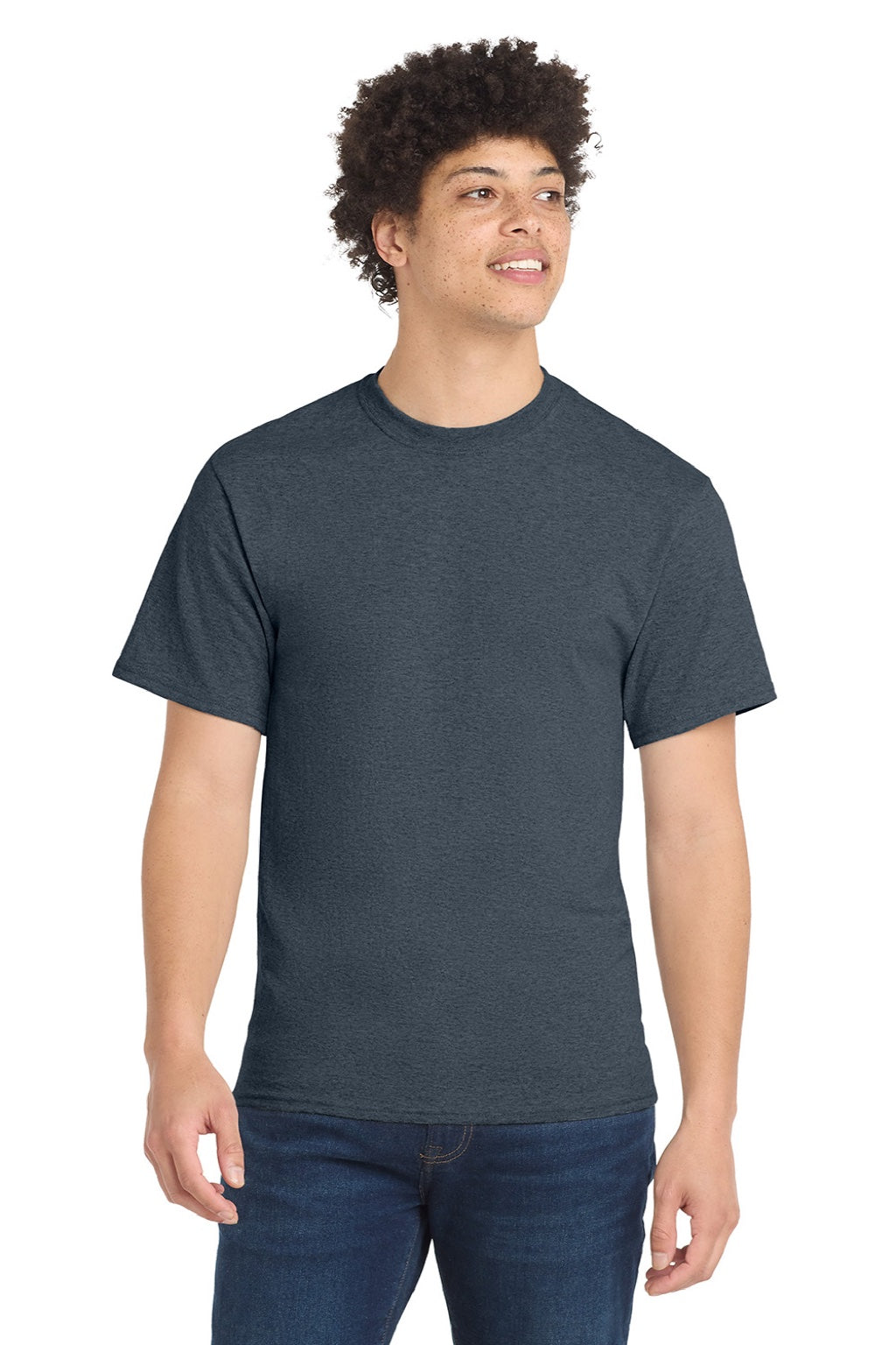 Port & Company PC55/PC55T Mens Core Short Sleeve Crewneck T-Shirt Heather Navy Blue Model Front