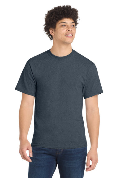 Port & Company PC55/PC55T Mens Core Short Sleeve Crewneck T-Shirt Heather Navy Blue Model Front