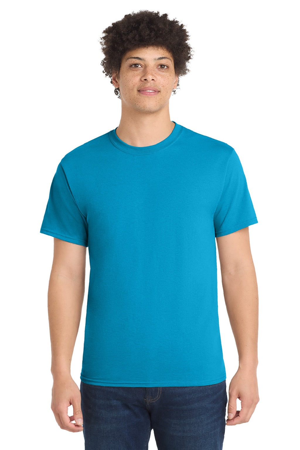 Port & Company PC55/PC55T Mens Core Short Sleeve Crewneck T-Shirt Neon Blue Model Front