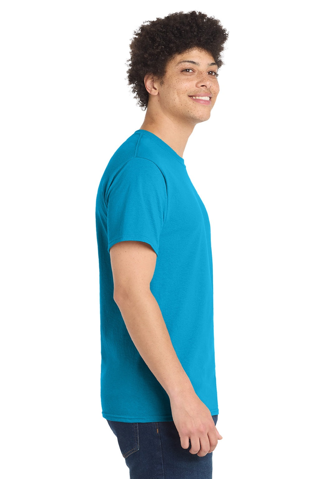 Port & Company PC55/PC55T Mens Core Short Sleeve Crewneck T-Shirt Neon Blue Model Side