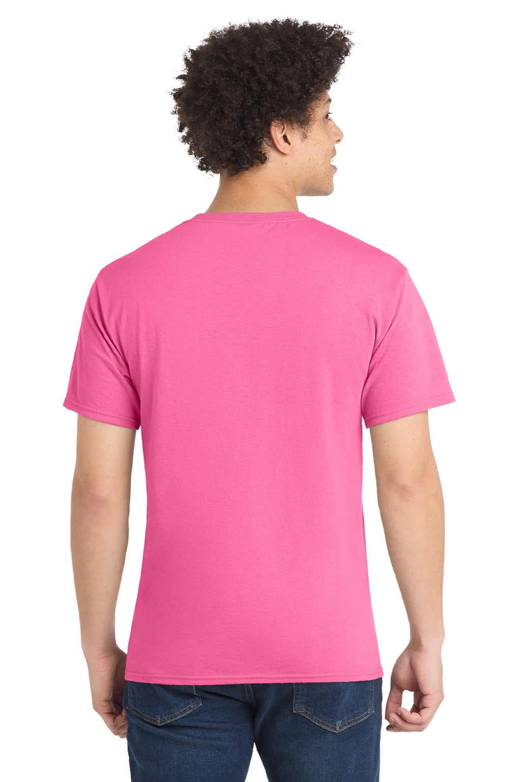 Port & Company PC55/PC55T Mens Core Short Sleeve Crewneck T-Shirt Neon Pink Model Back