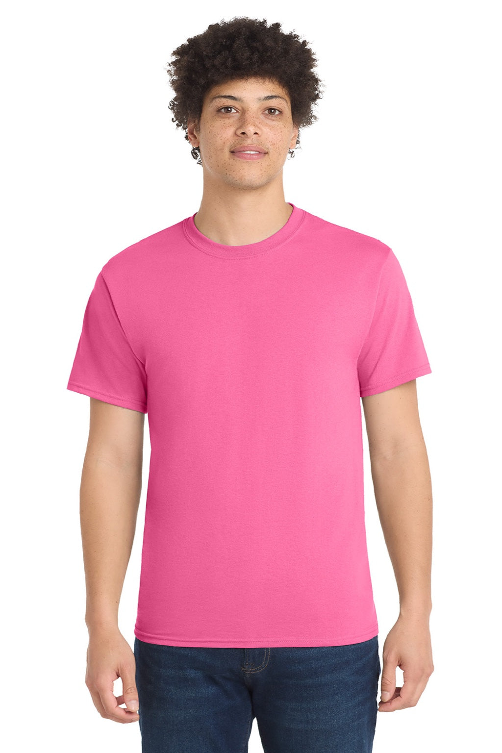Port & Company PC55/PC55T Mens Core Short Sleeve Crewneck T-Shirt Neon Pink Model Front