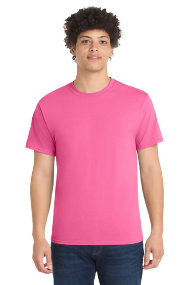 Port & Company PC55/PC55T Mens Core Short Sleeve Crewneck T-Shirt Neon Pink Model Front