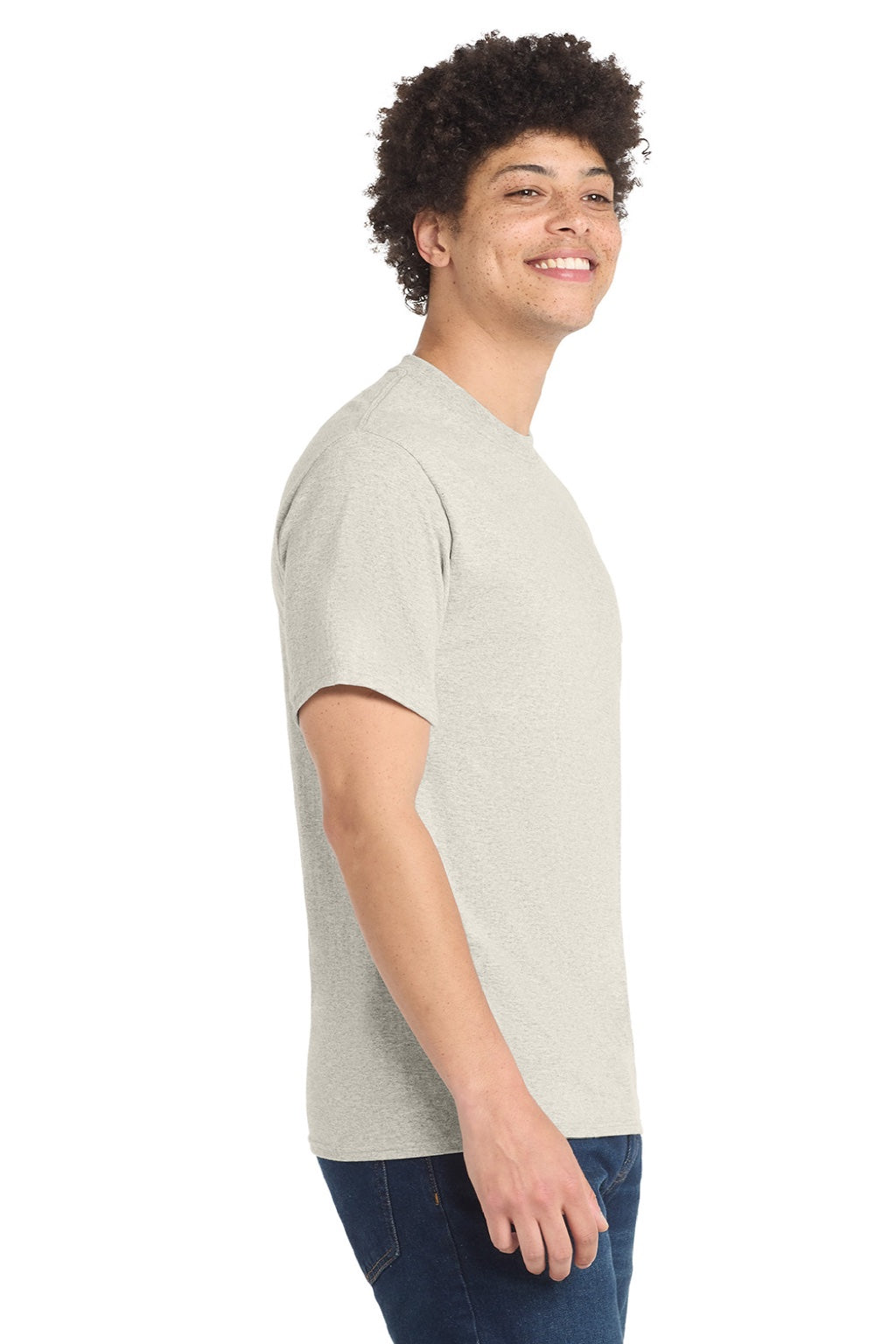 Port & Company PC55/PC55T Mens Core Short Sleeve Crewneck T-Shirt Heather Oatmeal Model Side