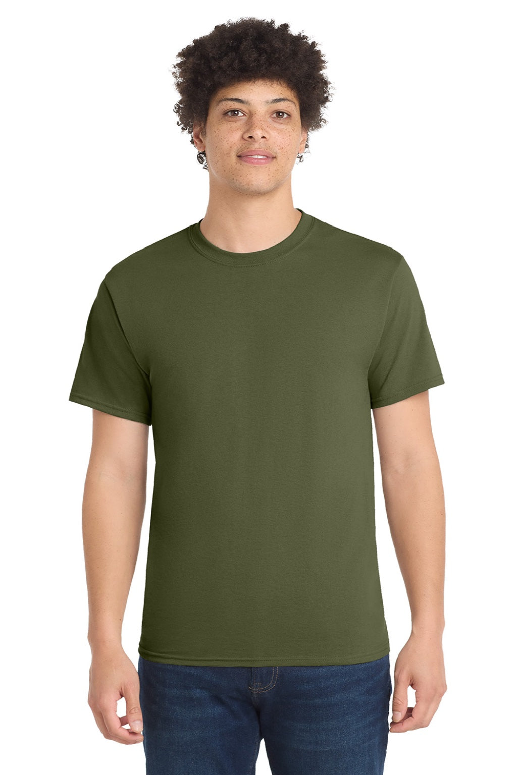 Port & Company PC55/PC55T Mens Core Short Sleeve Crewneck T-Shirt Olive Drab Green Model Front