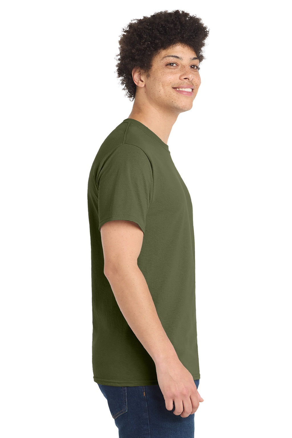 Port & Company PC55/PC55T Mens Core Short Sleeve Crewneck T-Shirt Olive Drab Green Model Side