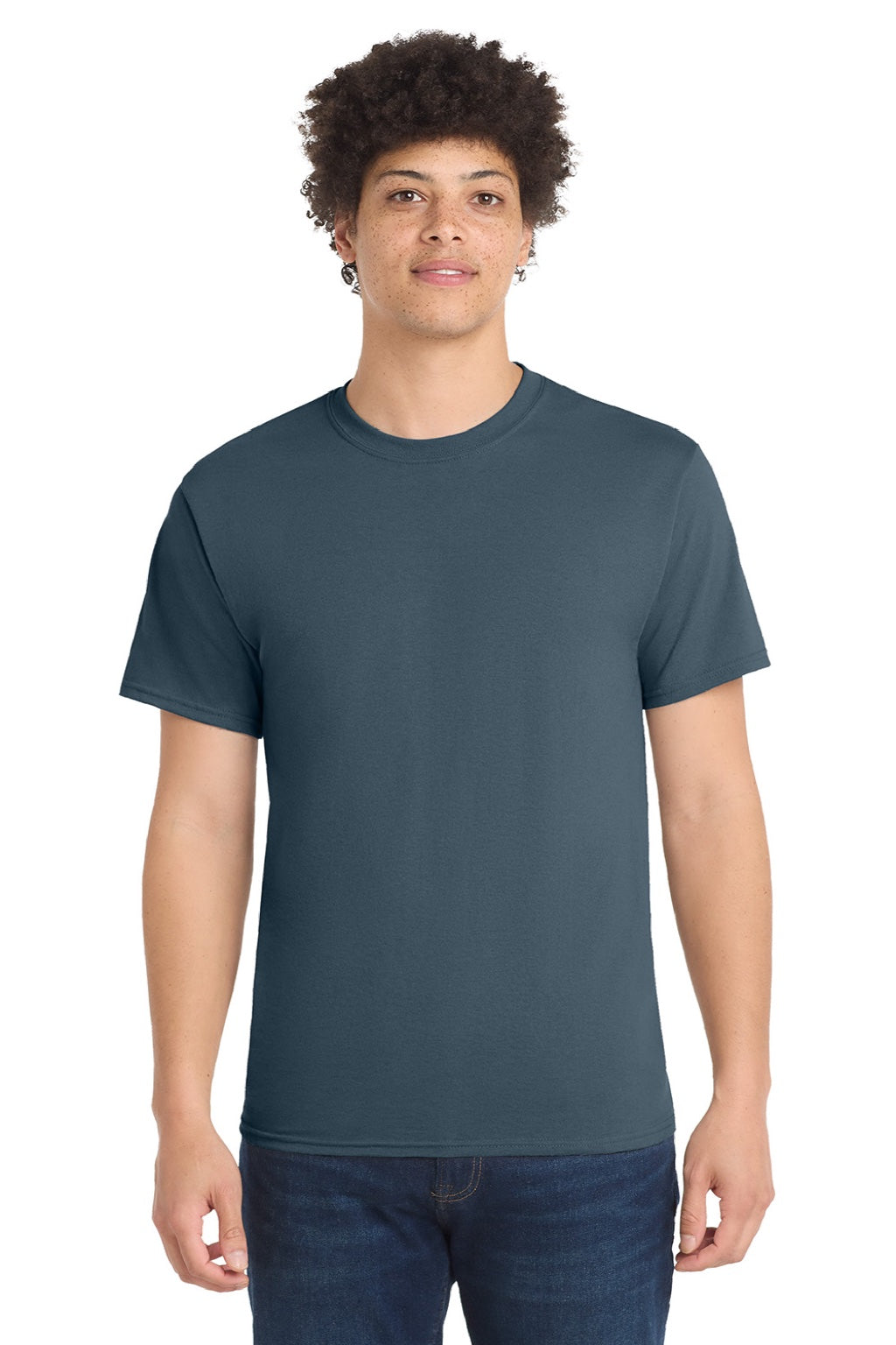 Port & Company PC55/PC55T Mens Core Short Sleeve Crewneck T-Shirt Steel Blue Model Front