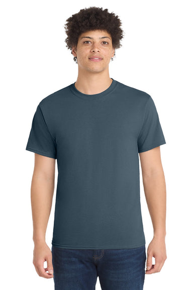 Port & Company PC55/PC55T Mens Core Short Sleeve Crewneck T-Shirt Steel Blue Model Front