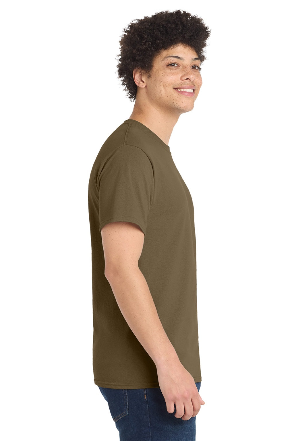 Port & Company PC55/PC55T Mens Core Short Sleeve Crewneck T-Shirt Woodland Brown Model Side