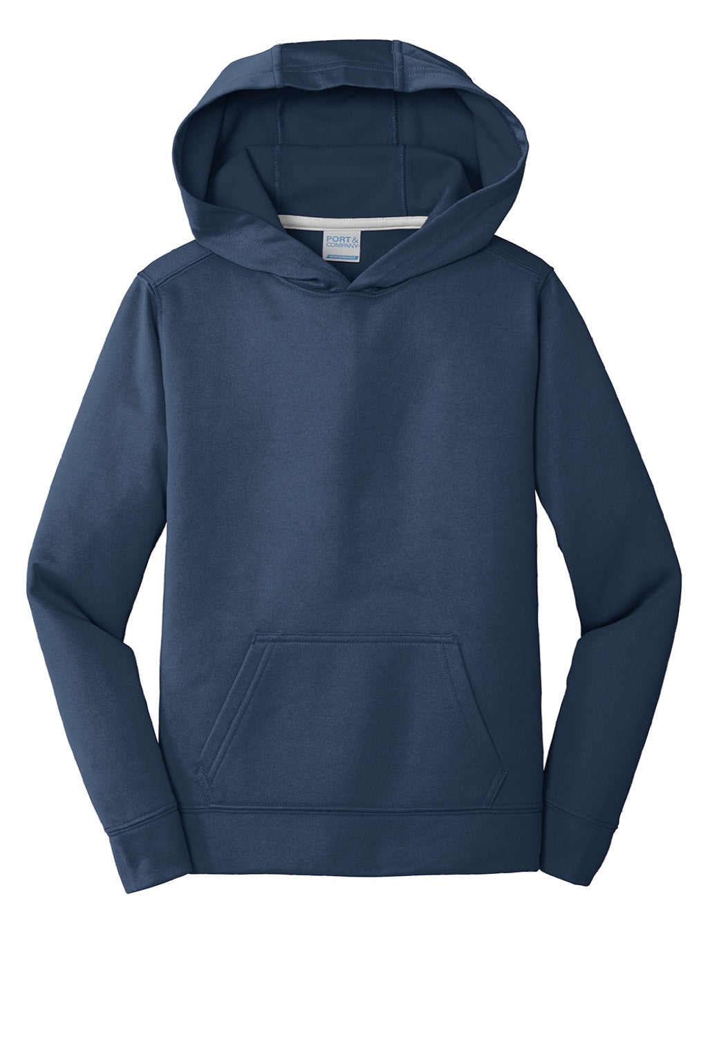 Port & Company PC590YH Youth Dry Zone Performance Moisture Wicking Fleece Hooded Sweatshirt Hoodie w/ Pouch Pocket Deep Navy Blue Flat Front