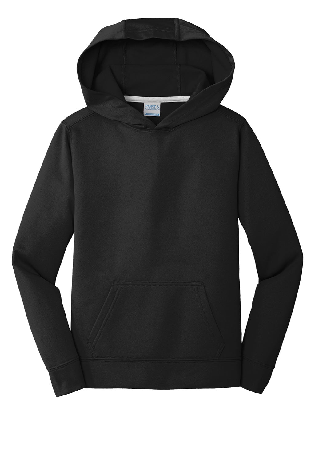 Port & Company PC590YH Youth Dry Zone Performance Moisture Wicking Fleece Hooded Sweatshirt Hoodie w/ Pouch Pocket Jet Black Flat Front