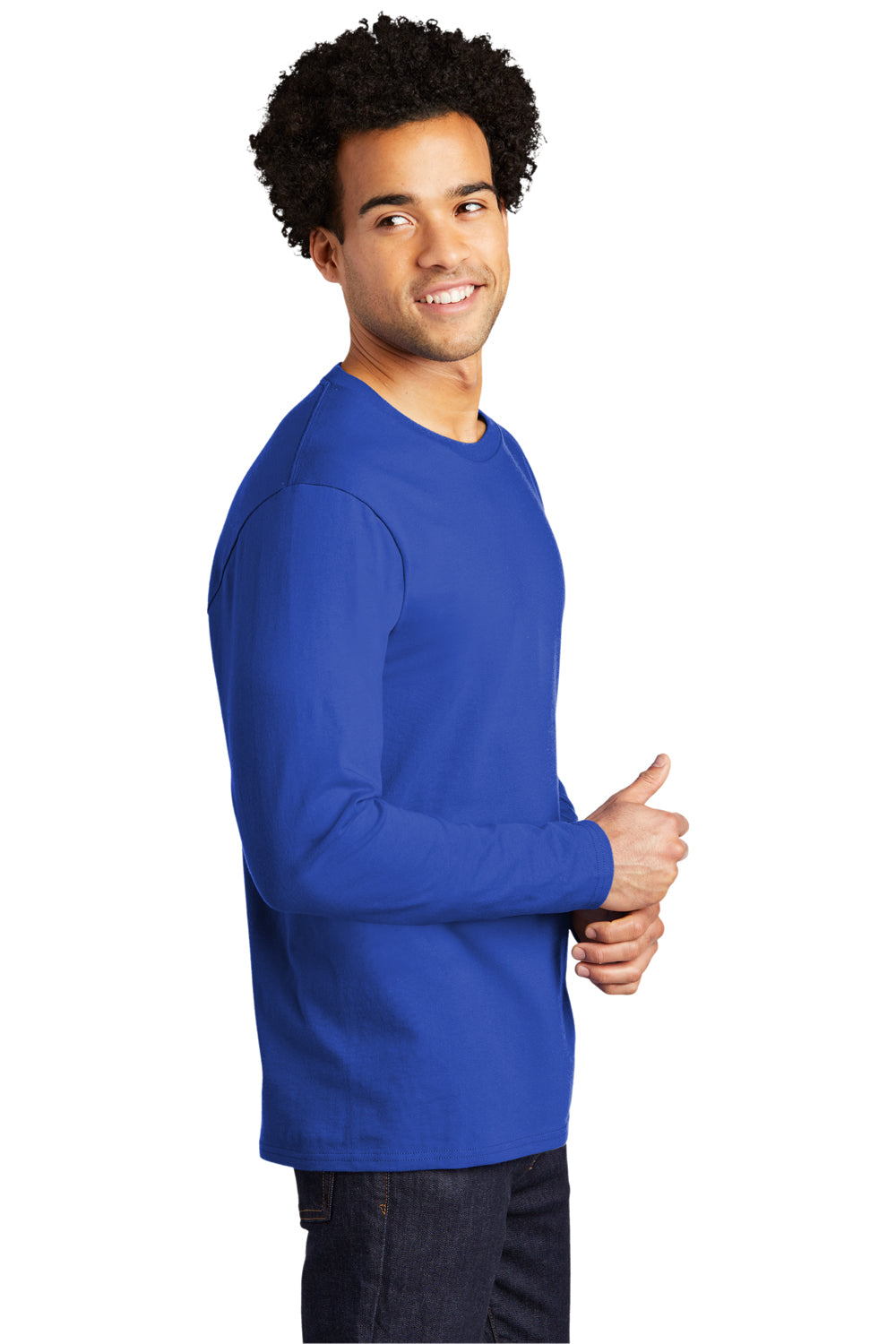 Port & Company PC600LS Mens Bouncer Long Sleeve Crewneck T-Shirt True Royal Blue Model Side
