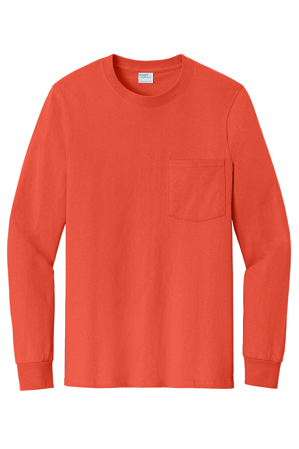 Port & Company PC61LSP/PC61LSPT Mens Essential Long Sleeve Crewneck T-Shirt w/ Pocket Orange Flat Front