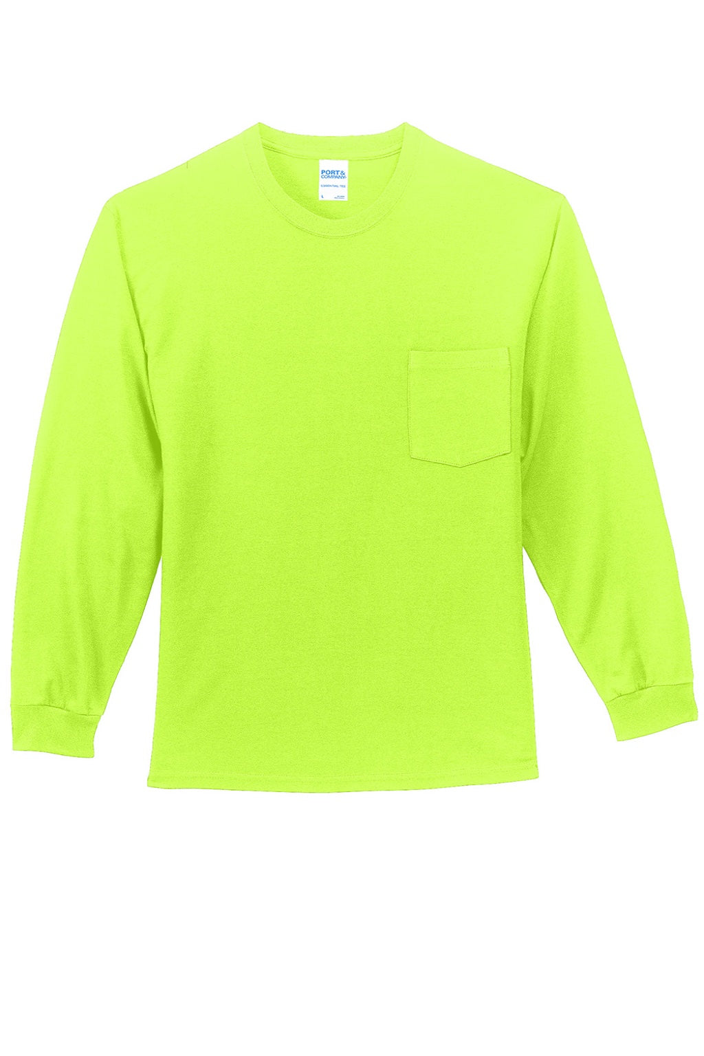 Port & Company PC61LSP/PC61LSPT Mens Essential Long Sleeve Crewneck T-Shirt w/ Pocket Safety Green Flat Front