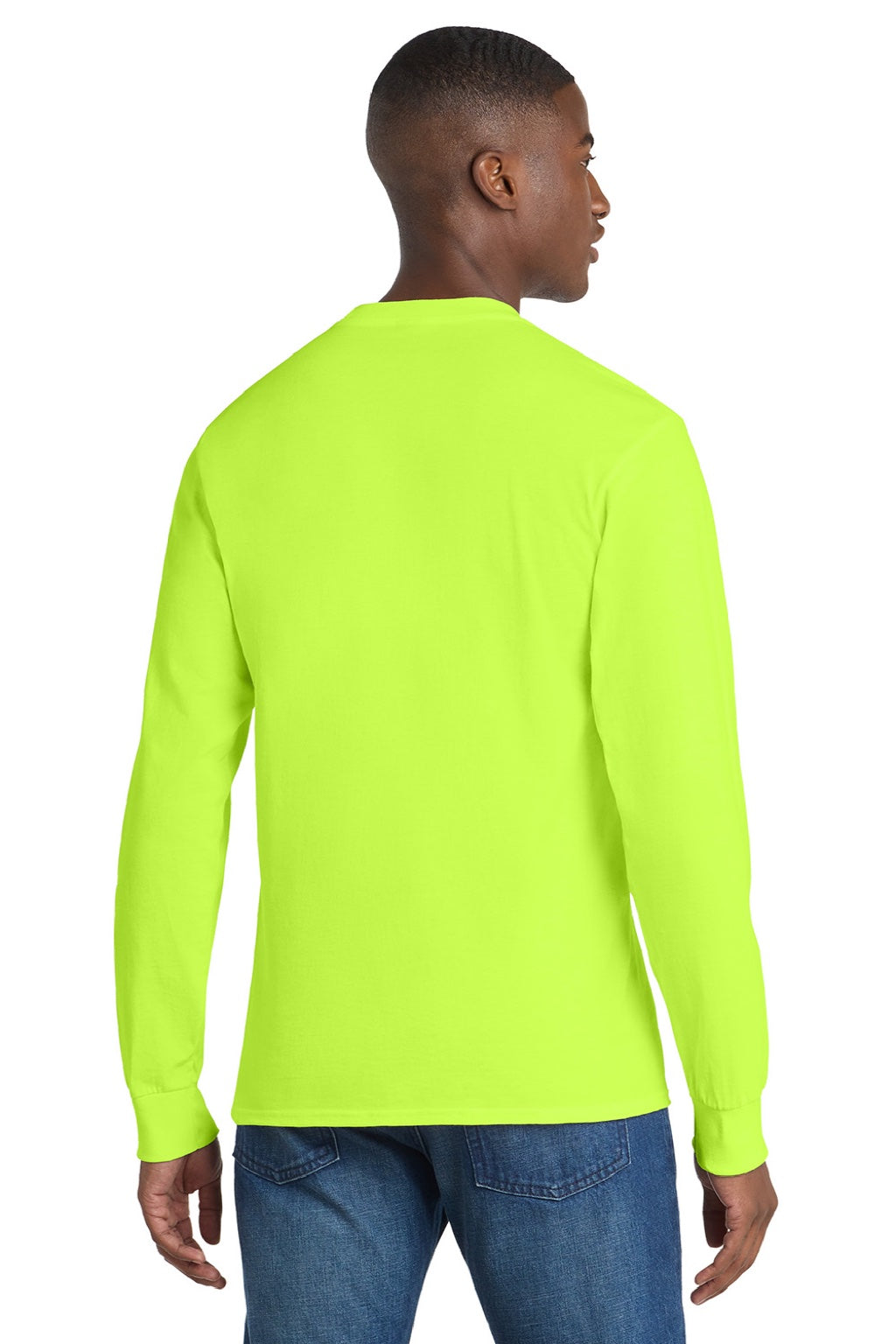 Port & Company PC61LSP/PC61LSPT Mens Essential Long Sleeve Crewneck T-Shirt w/ Pocket Safety Green Model Back