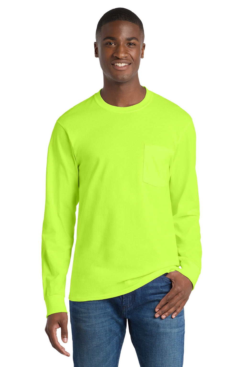 Port & Company PC61LSP/PC61LSPT Mens Essential Long Sleeve Crewneck T-Shirt w/ Pocket Safety Green Model Front