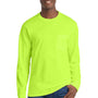 Port & Company Mens Essential Long Sleeve Crewneck T-Shirt w/ Pocket - Safety Green - NEW