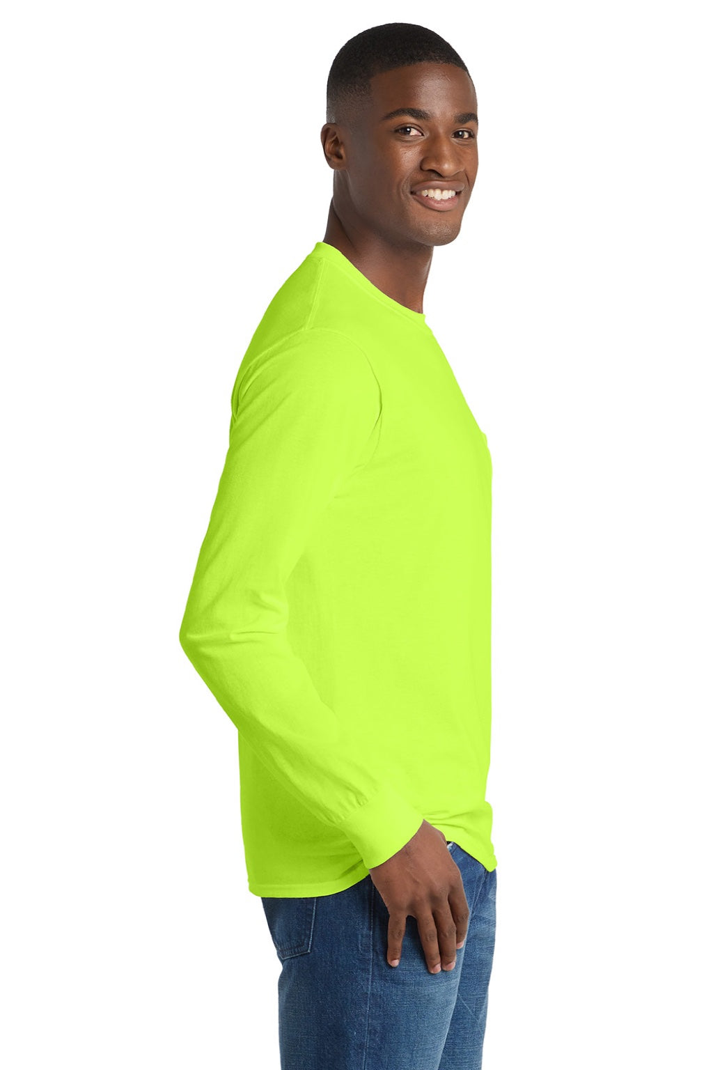Port & Company PC61LSP/PC61LSPT Mens Essential Long Sleeve Crewneck T-Shirt w/ Pocket Safety Green Model Side