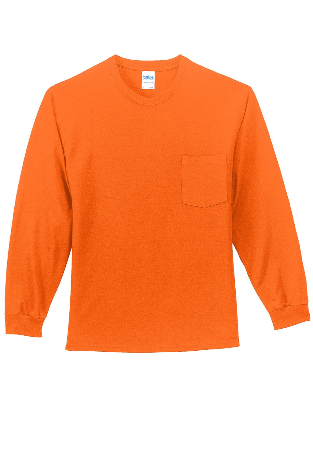 Port & Company PC61LSP/PC61LSPT Mens Essential Long Sleeve Crewneck T-Shirt w/ Pocket Safety Orange Flat Front