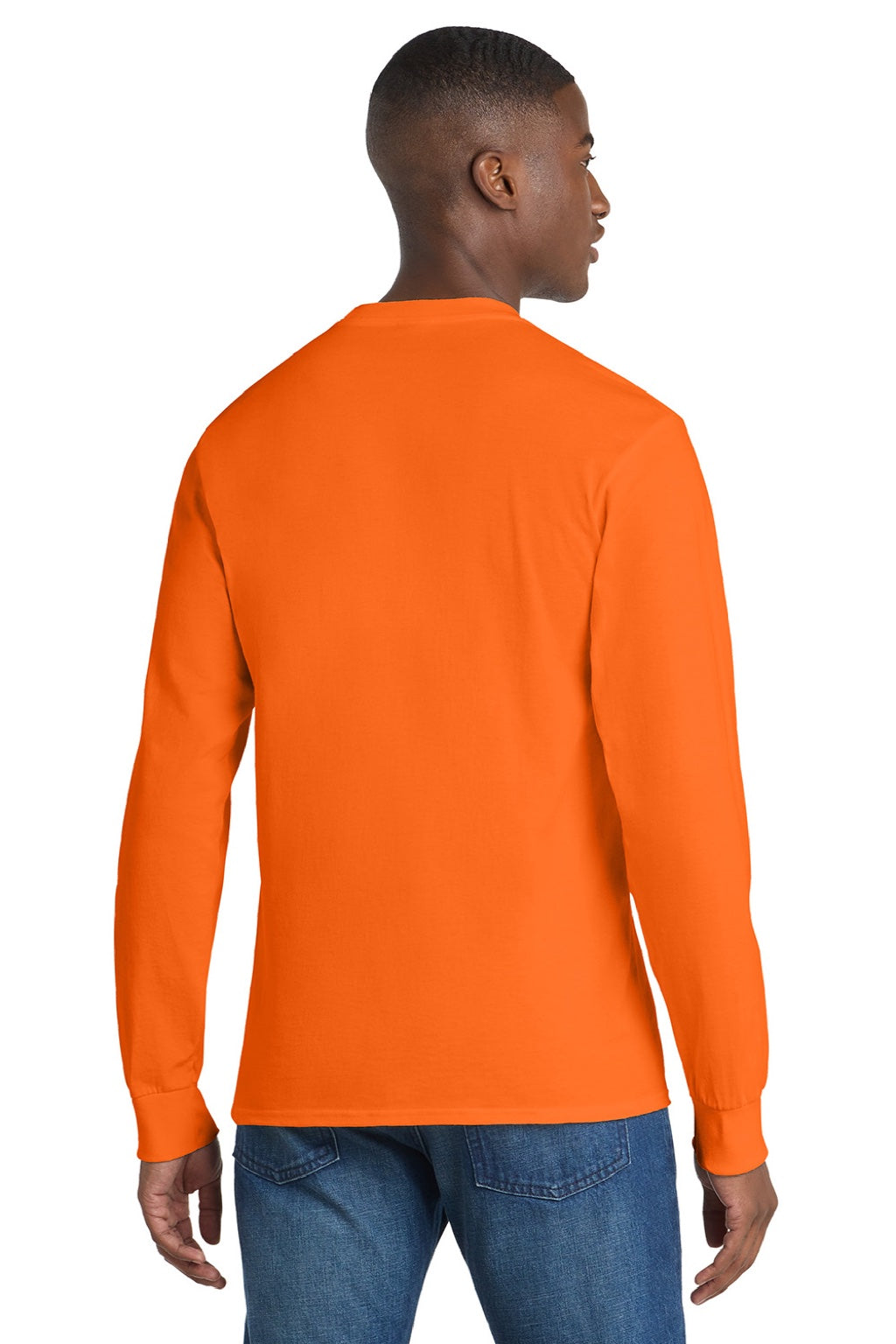 Port & Company PC61LSP/PC61LSPT Mens Essential Long Sleeve Crewneck T-Shirt w/ Pocket Safety Orange Model Back