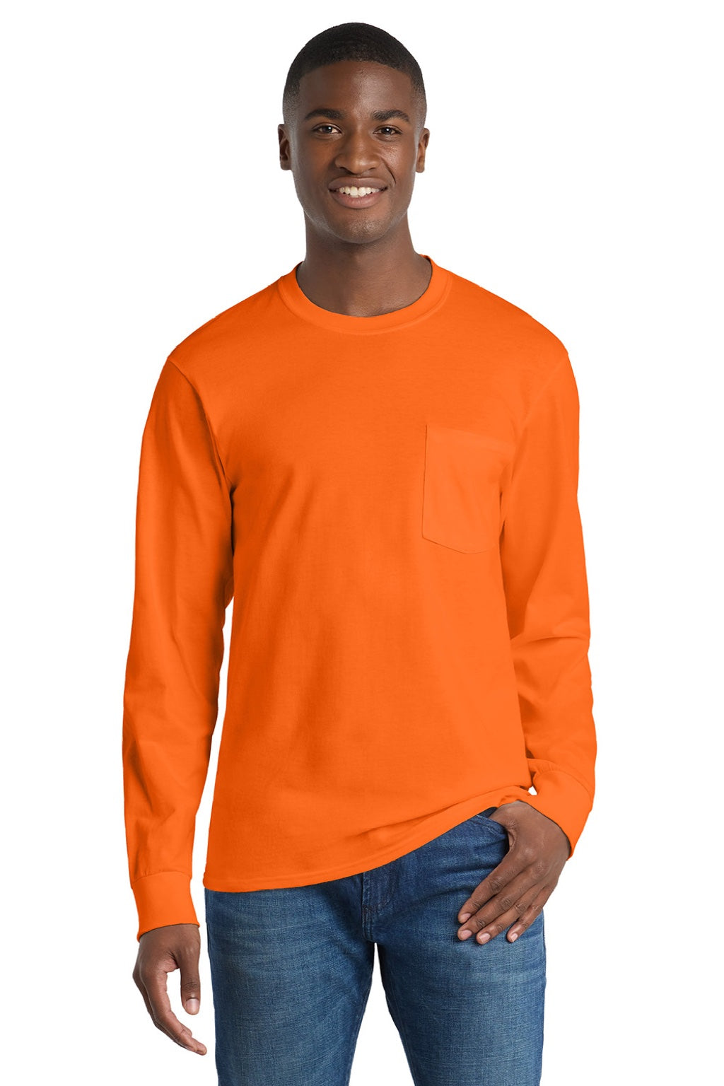Port & Company PC61LSP/PC61LSPT Mens Essential Long Sleeve Crewneck T-Shirt w/ Pocket Safety Orange Model Front