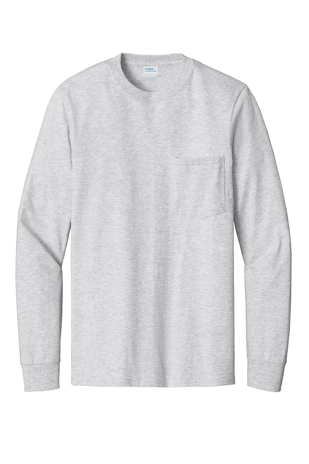 Port & Company PC61LSP/PC61LSPT Mens Essential Long Sleeve Crewneck T-Shirt w/ Pocket Ash Grey Flat Front