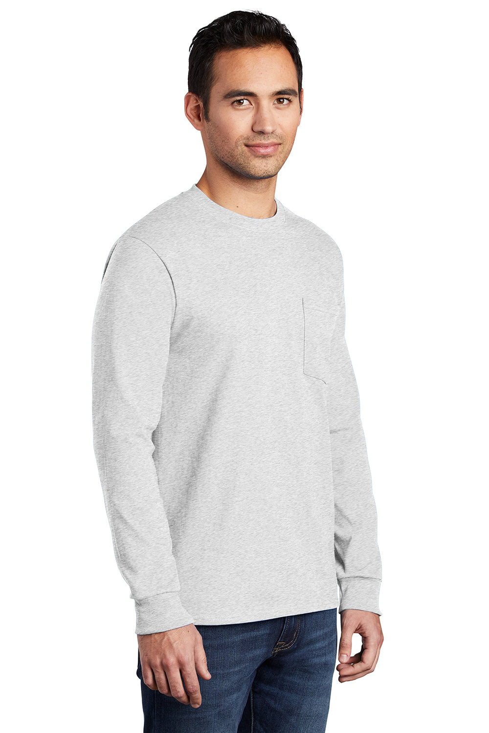 Port & Company PC61LSP/PC61LSPT Mens Essential Long Sleeve Crewneck T-Shirt w/ Pocket Ash Grey Model 3q