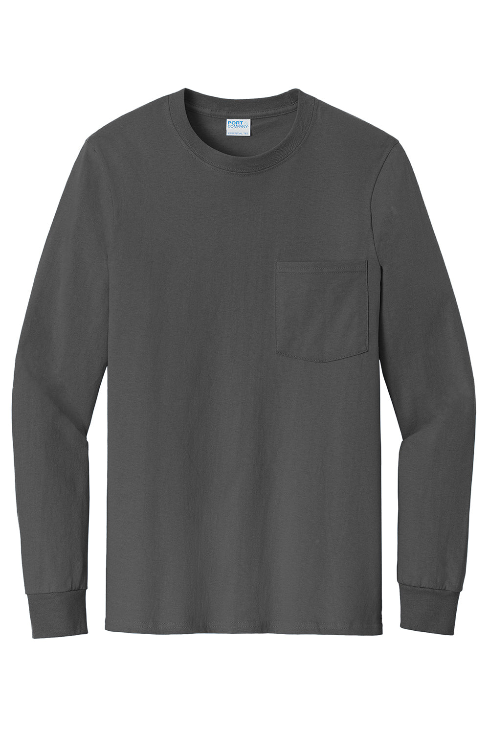 Port & Company PC61LSP/PC61LSPT Mens Essential Long Sleeve Crewneck T-Shirt w/ Pocket Charcoal Grey Flat Front