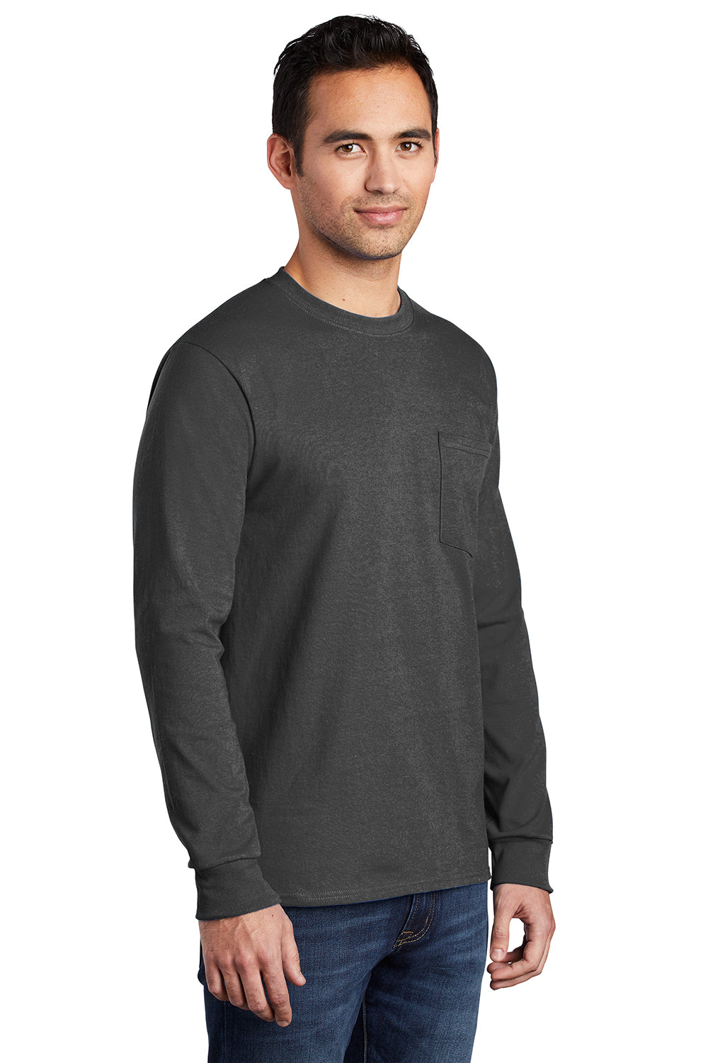 Port & Company PC61LSP/PC61LSPT Mens Essential Long Sleeve Crewneck T-Shirt w/ Pocket Charcoal Grey Model 3q