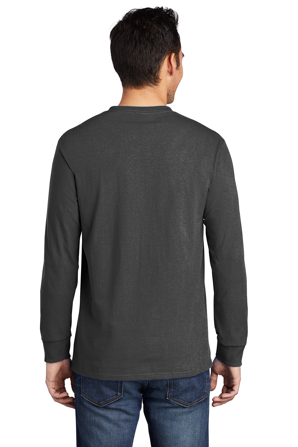 Port & Company PC61LSP/PC61LSPT Mens Essential Long Sleeve Crewneck T-Shirt w/ Pocket Charcoal Grey Model Back