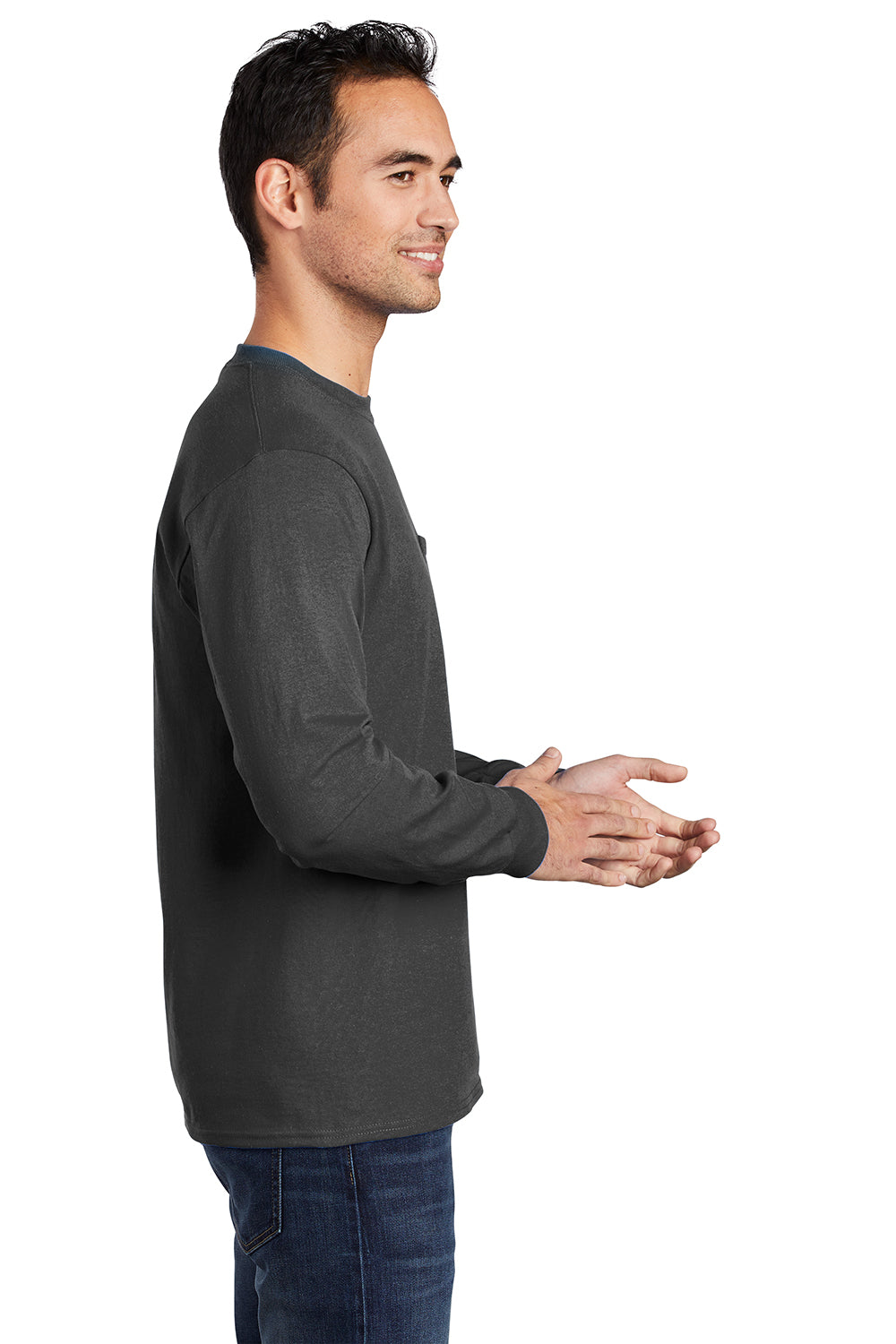Port & Company PC61LSP/PC61LSPT Mens Essential Long Sleeve Crewneck T-Shirt w/ Pocket Charcoal Grey Model Side