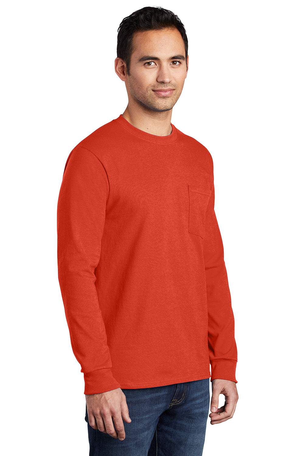 Port & Company PC61LSP/PC61LSPT Mens Essential Long Sleeve Crewneck T-Shirt w/ Pocket Orange Model 3q