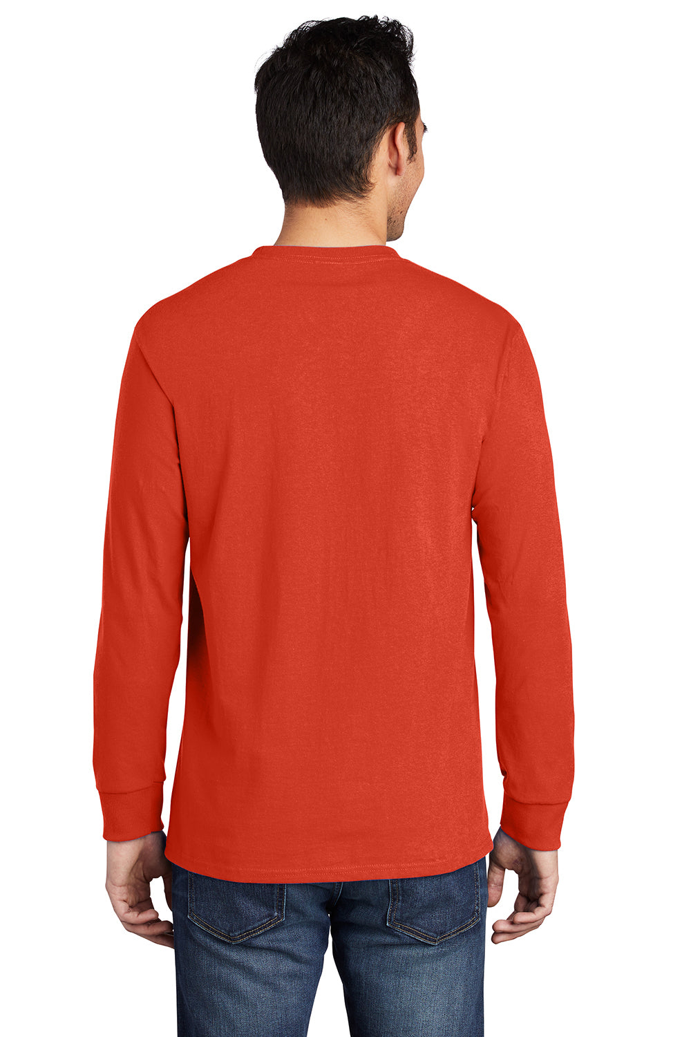 Port & Company PC61LSP/PC61LSPT Mens Essential Long Sleeve Crewneck T-Shirt w/ Pocket Orange Model Back
