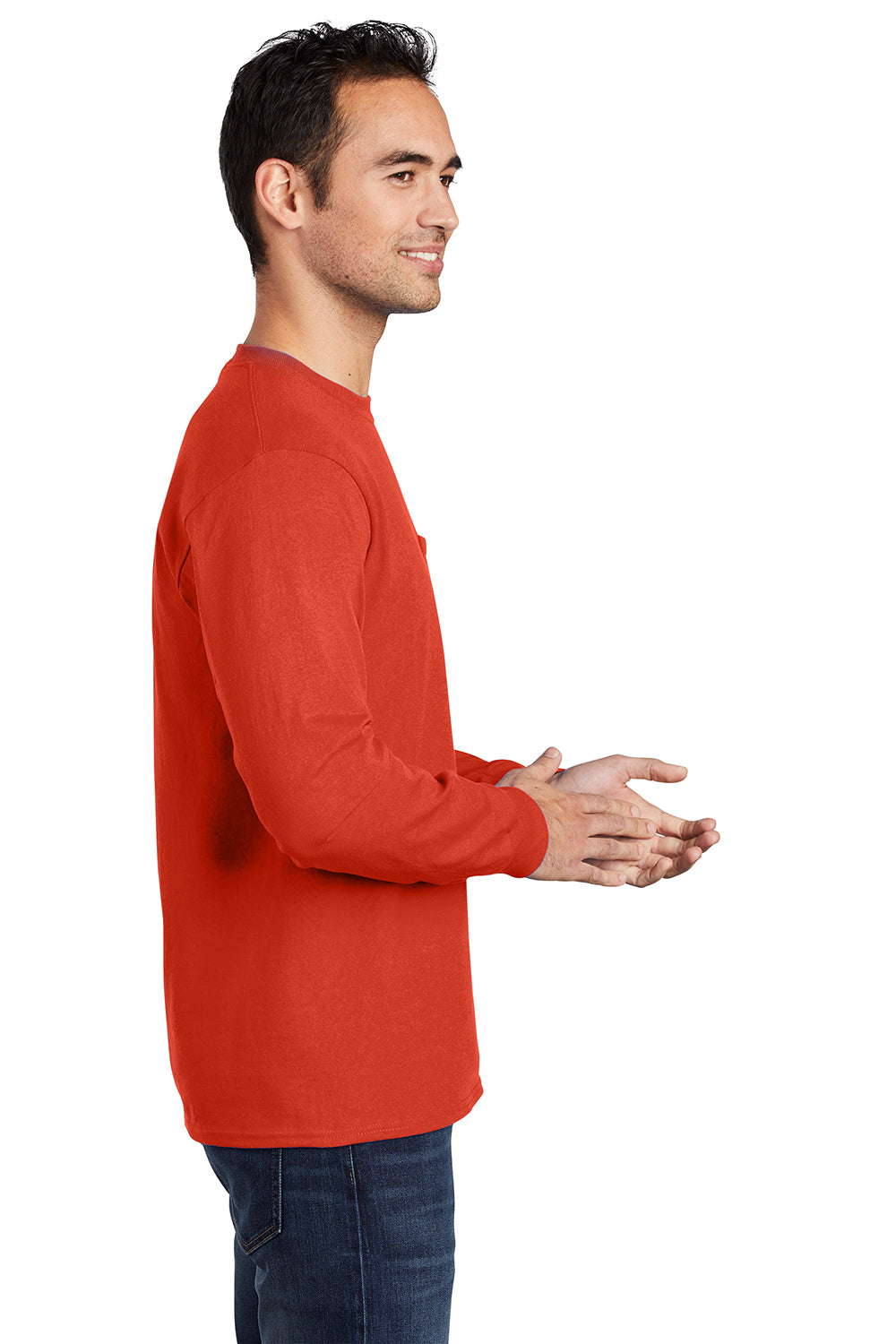 Port & Company PC61LSP/PC61LSPT Mens Essential Long Sleeve Crewneck T-Shirt w/ Pocket Orange Model Side