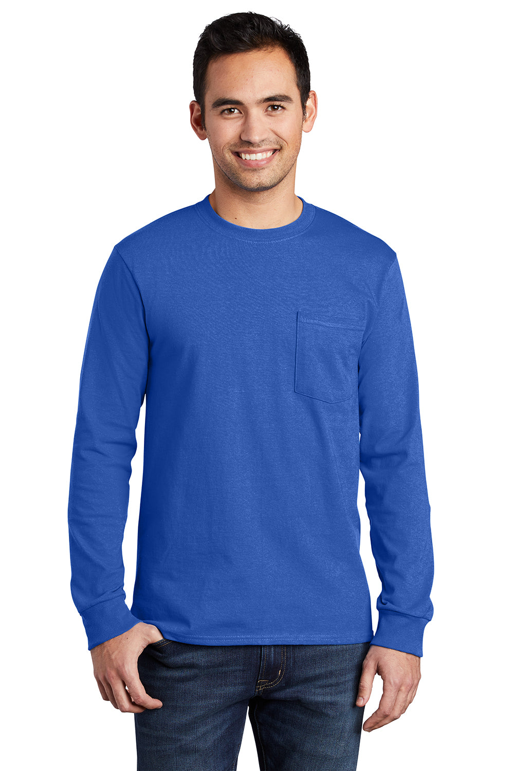 Port & Company PC61LSP/PC61LSPT Mens Essential Long Sleeve Crewneck T-Shirt w/ Pocket Royal Blue Model Front