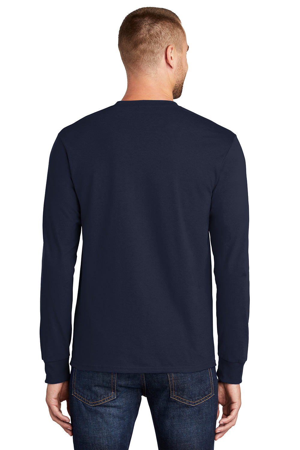 Port & Company PC61LS/PC61LST Mens Essential Long Sleeve Crewneck T-Shirt Deep Navy Blue Model Back