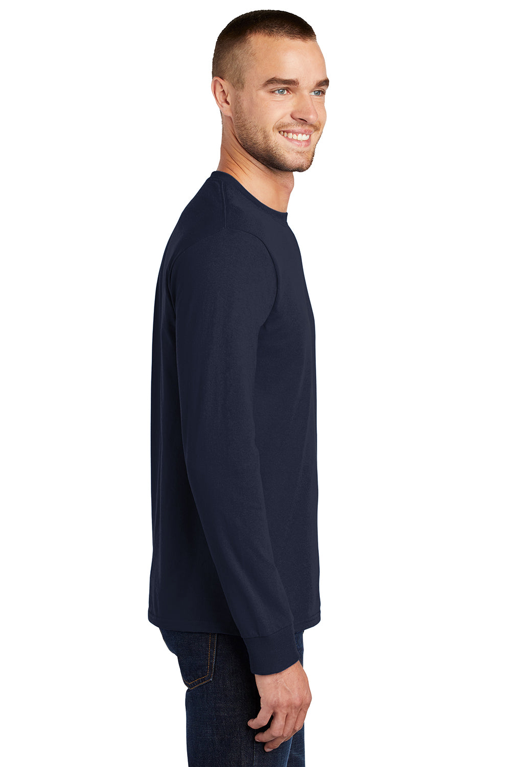 Port & Company PC61LS/PC61LST Mens Essential Long Sleeve Crewneck T-Shirt Deep Navy Blue Model Side