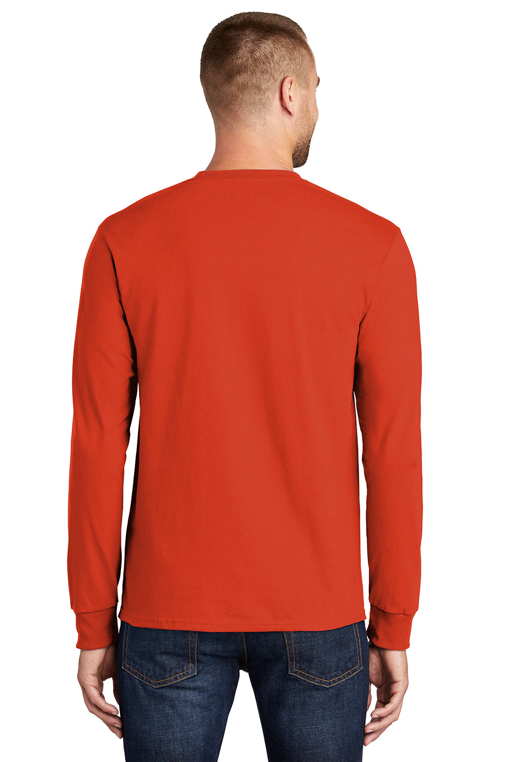 Port & Company PC61LS/PC61LST Mens Essential Long Sleeve Crewneck T-Shirt Orange Model Back