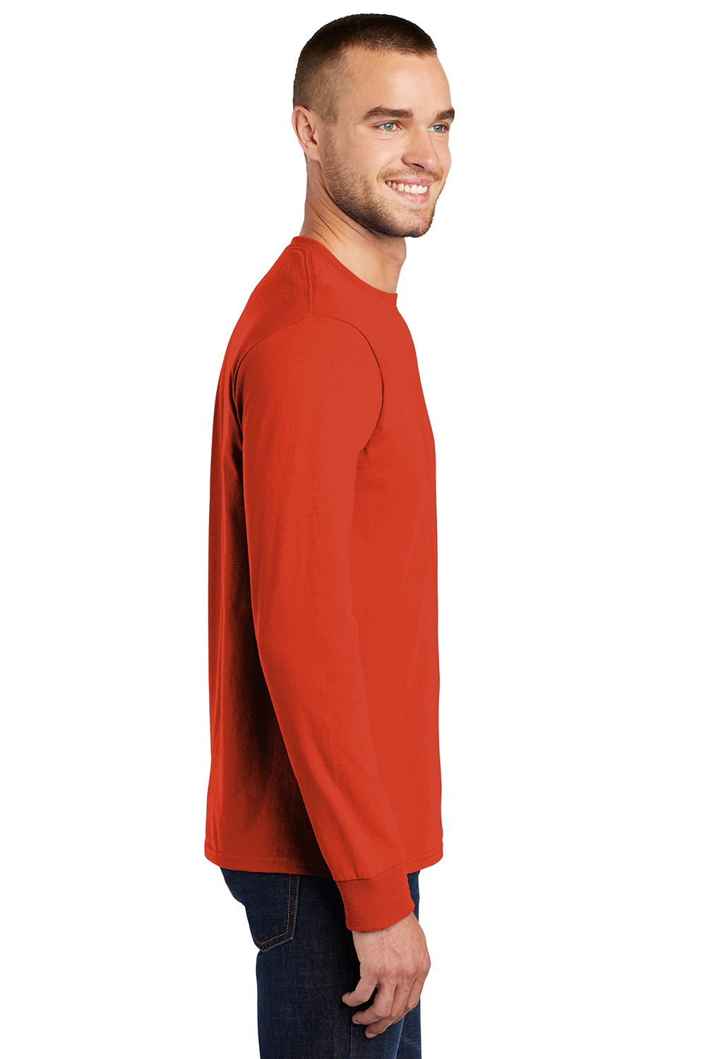 Port & Company PC61LS/PC61LST Mens Essential Long Sleeve Crewneck T-Shirt Orange Model Side
