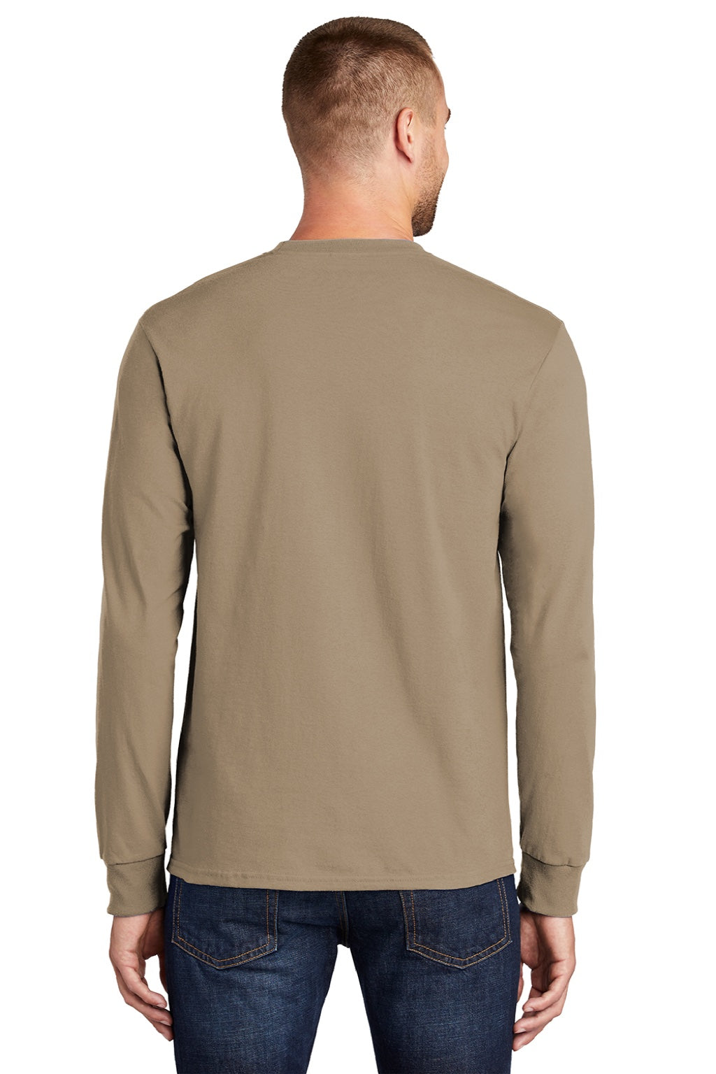 Port & Company PC61LS/PC61LST Mens Essential Long Sleeve Crewneck T-Shirt Sand Brown Model Back