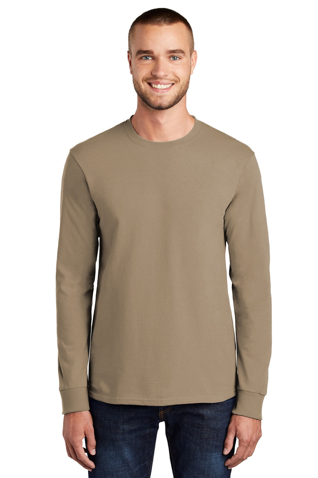 Port & Company PC61LS/PC61LST Mens Essential Long Sleeve Crewneck T-Shirt Sand Brown Model Front