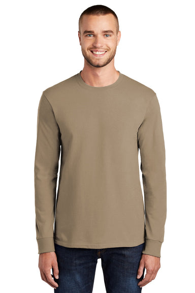 Port & Company PC61LS/PC61LST Mens Essential Long Sleeve Crewneck T-Shirt Sand Brown Model Front
