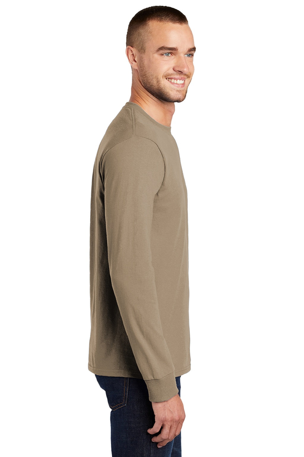 Port & Company PC61LS/PC61LST Mens Essential Long Sleeve Crewneck T-Shirt Sand Brown Model Side