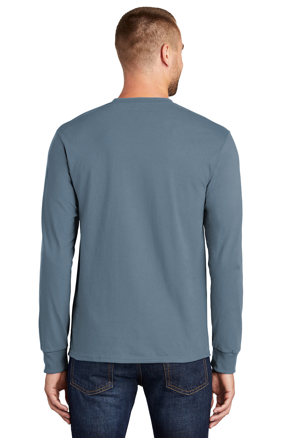 Port & Company PC61LS/PC61LST Mens Essential Long Sleeve Crewneck T-Shirt Stonewashed Blue Model Back