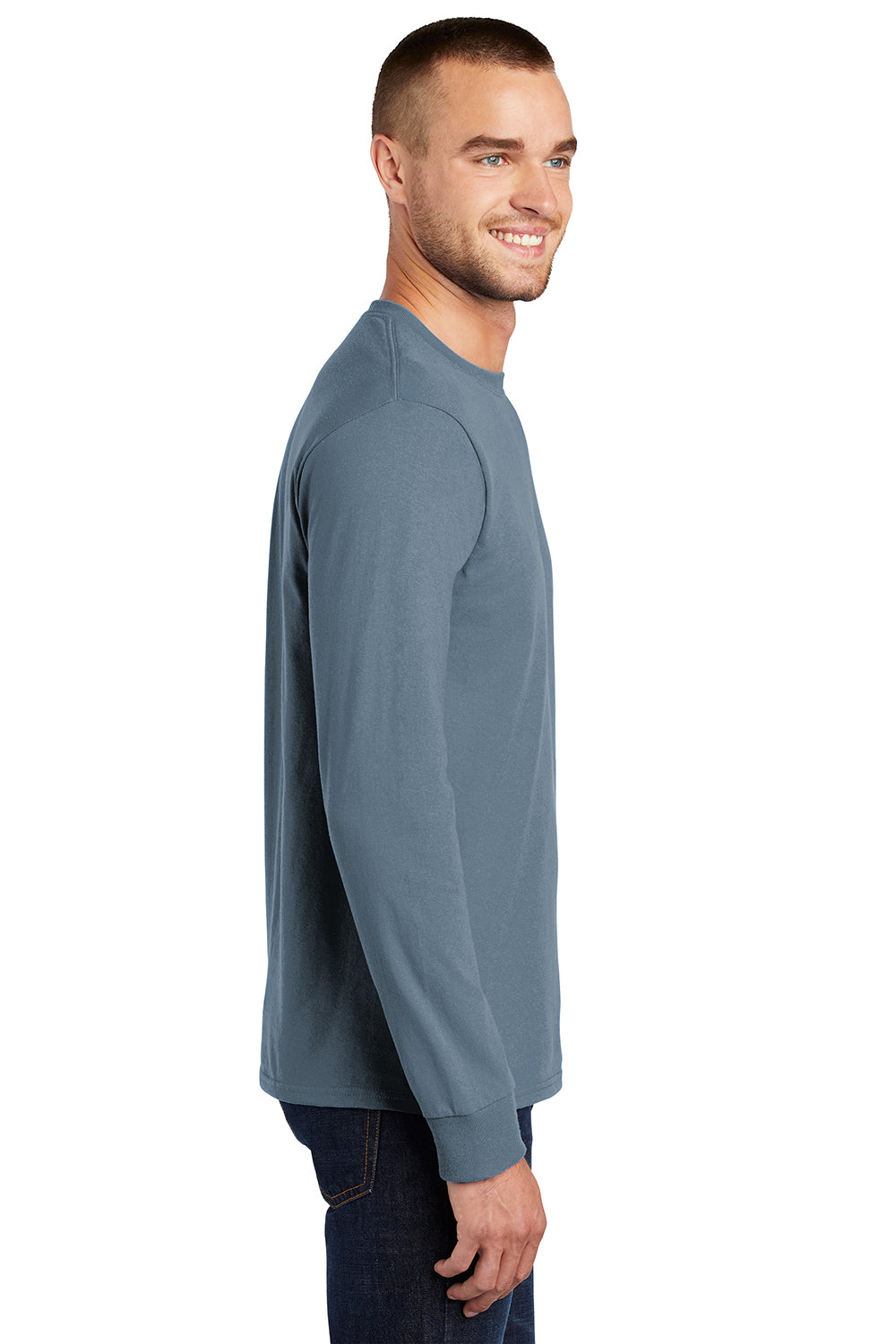 Port & Company PC61LS/PC61LST Mens Essential Long Sleeve Crewneck T-Shirt Stonewashed Blue Model Side