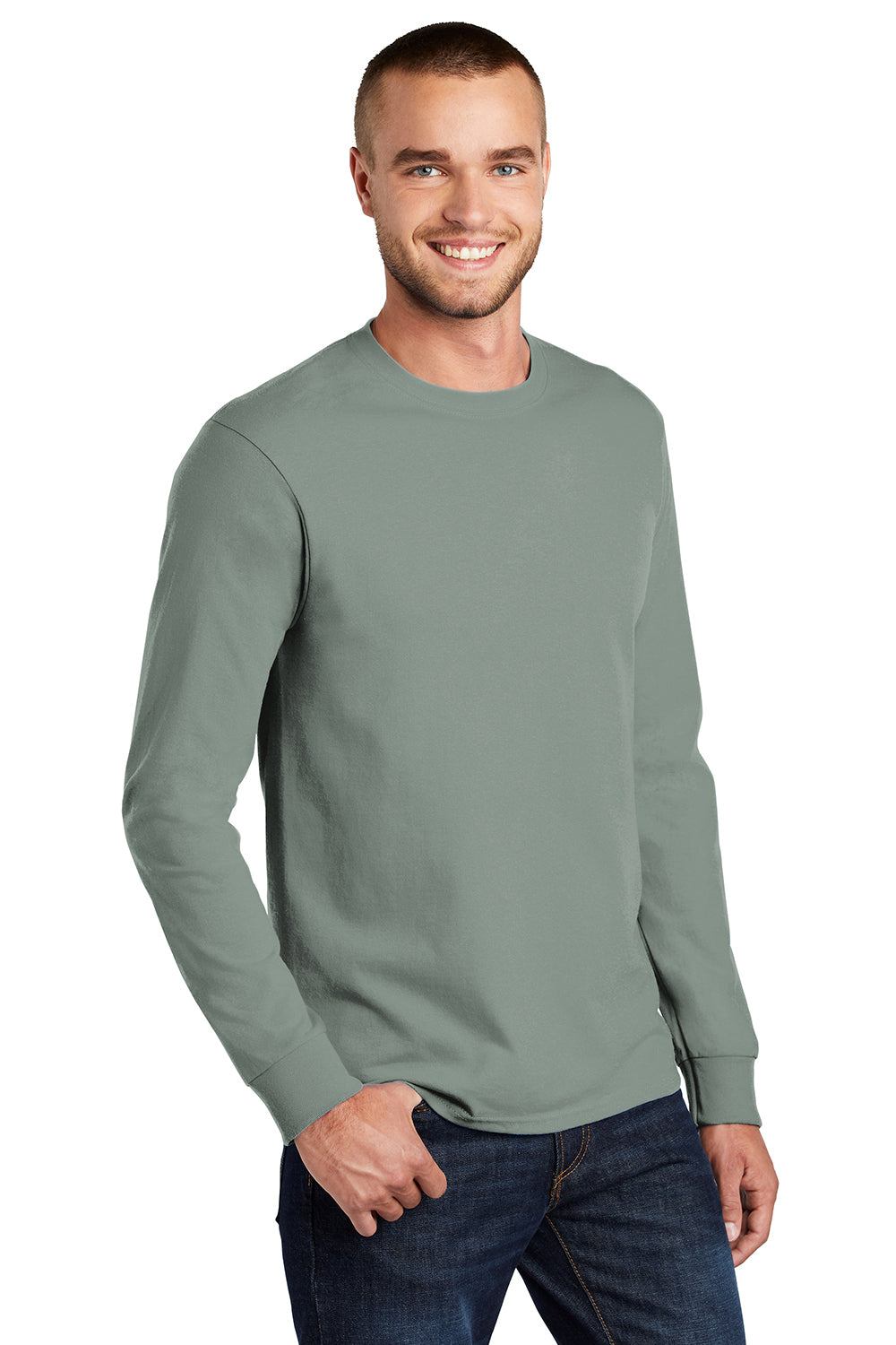 Port & Company PC61LS/PC61LST Mens Essential Long Sleeve Crewneck T-Shirt Stonewashed Green Model 3q