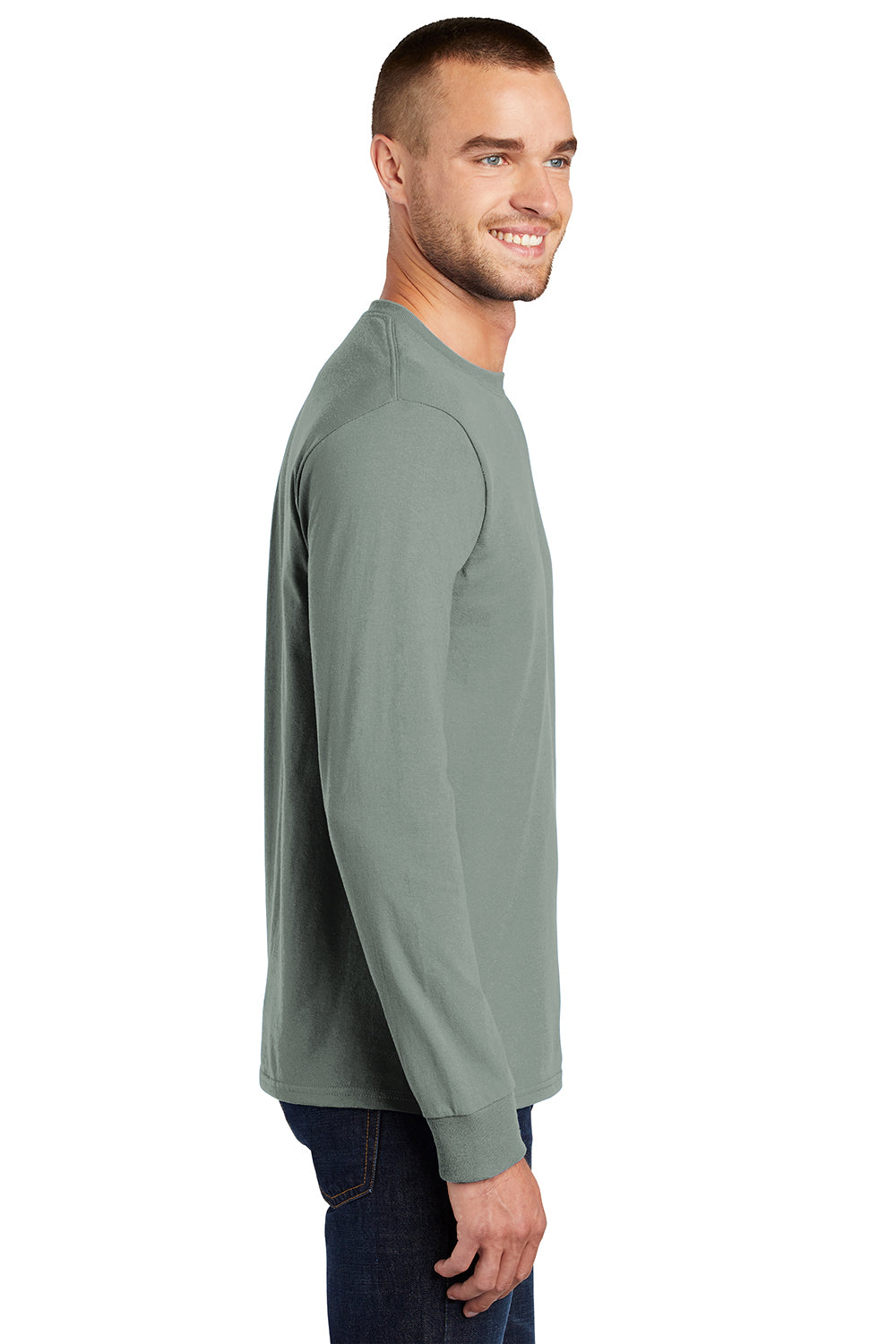 Port & Company PC61LS/PC61LST Mens Essential Long Sleeve Crewneck T-Shirt Stonewashed Green Model Side